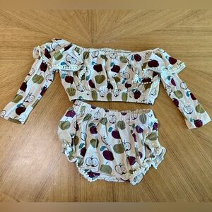 Kate Quinn Pom Pom Long Sleeve Crop Top w Matching Bloomers - Apple Print 3T